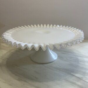 Vintage Fenton Milk Glass Cake Stand: Silver Crest Ruffled Edge, 1940s Pedestal